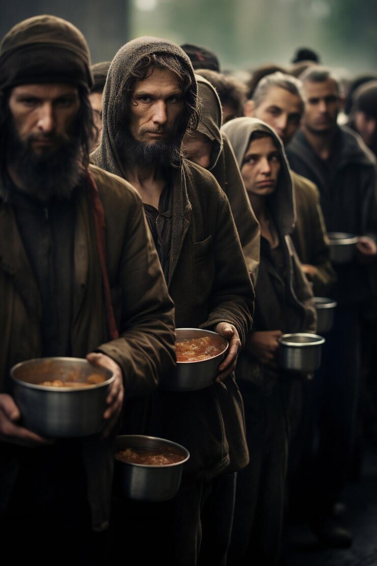 Foto pessoas com fome segurando contêineres esperando por comida grátis em longa fila conceito de grande depressão