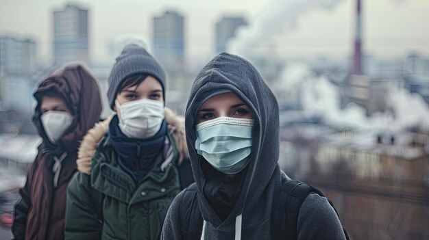 Pessoas com máscara protetora Poluição do ar na cidade Smog de conceito de fábrica Conceito de fundo