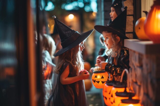 Pessoas com trajes arrepiantes em representação visual Criança trocando doces de Halloween