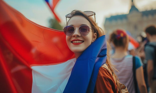 Pessoas comemorando com a bandeira da França