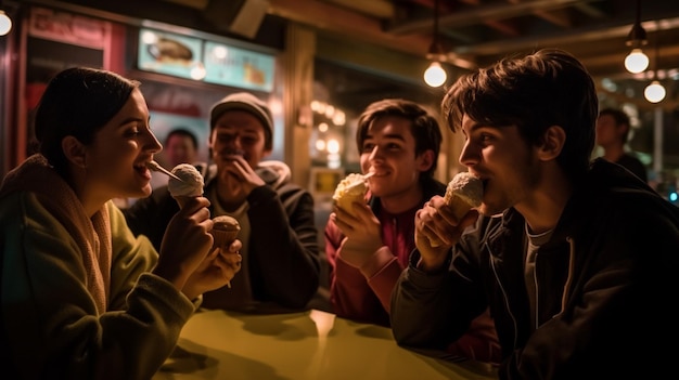 Pessoas comendo sorvete em um restaurante