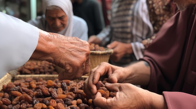 Pessoas compartilhando algumas tâmaras secas Eid al Adha, a Festa do Sacrifício Generative AI