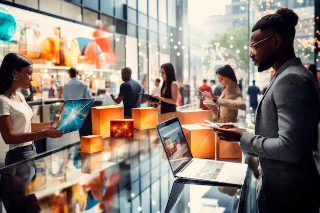 Pessoas comprando em seus dispositivos durante a Black Friday Criado com tecnologia de IA generativa