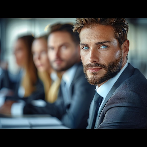 Foto pessoas confiantes com colegas em reunião no escritório retrato de um grupo de empresários bem sucedidos