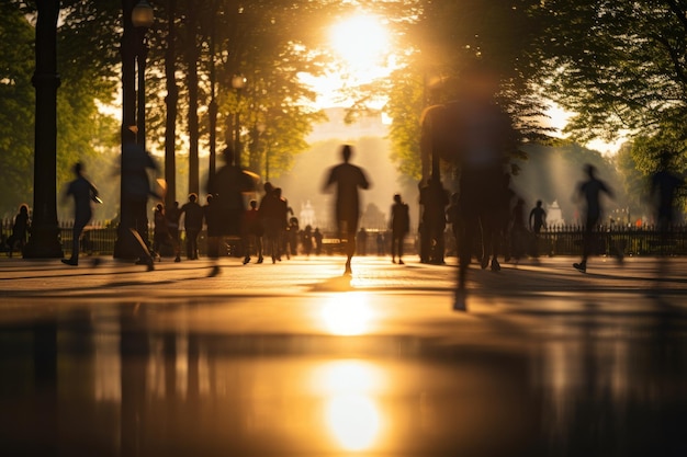 Pessoas correndo no parque durante o pôr do sol Motion Blur Generative AI