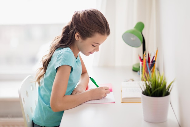 pessoas, crianças, educação e conceito de aprendizagem - garota feliz com livro escrevendo para notebook em casa