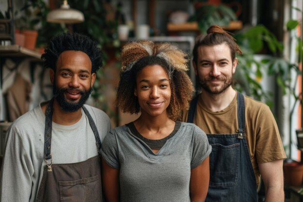 Foto pessoas criativas negócio de retratos e cerâmica com equipe para ambição de carreira ou startup na loja