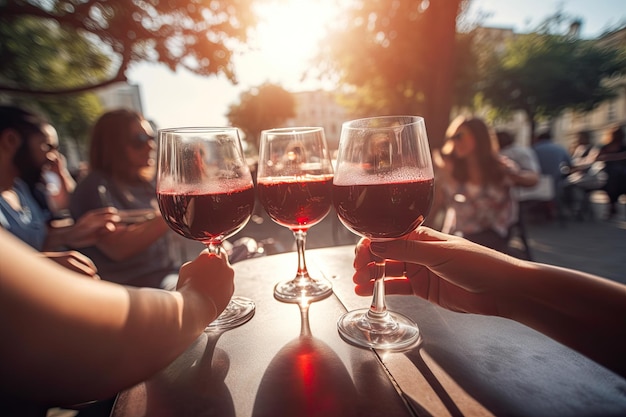 Pessoas da geração do milênio torcendo por vinho tinto sentado na mesa de bar externaConceito de alimentos e bebidas de estilo de vida