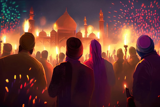 Pessoas da multidão indiana no Diwali, o festival das luzes à noite, com velas acesas, fogos de artifício e fundo da mesquita Generative AI