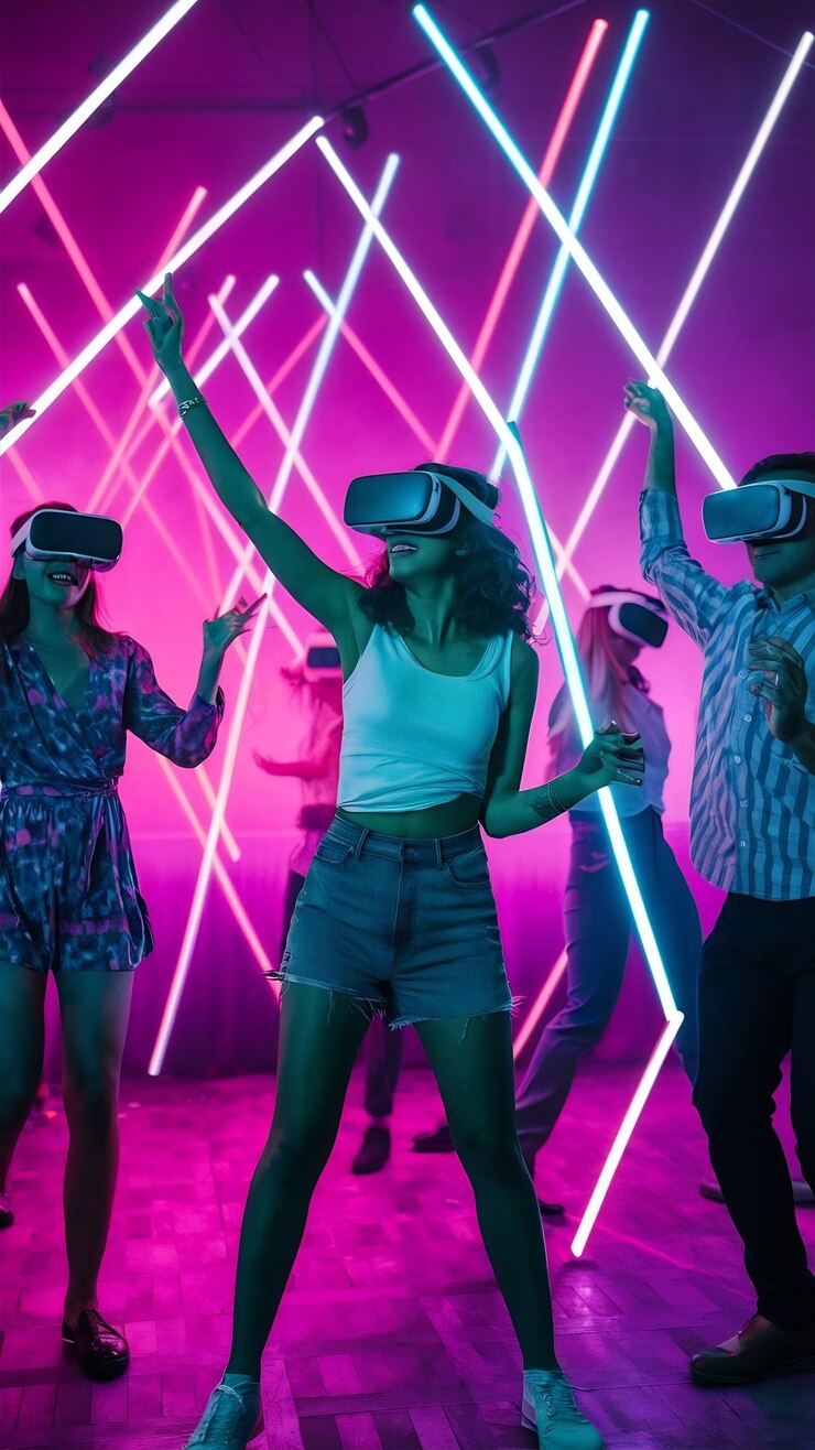 Foto pessoas dançando cercadas por luzes de néon brilhantes em uma festa com fones de ouvido de realidade virtual