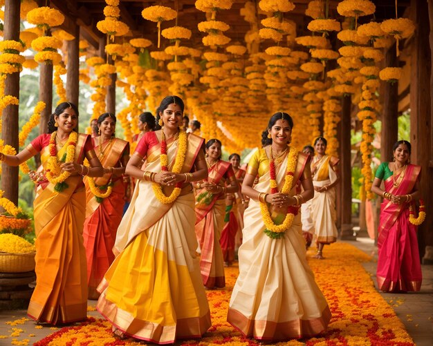 Pessoas dançando no festival de Onam com alegria e felicidade