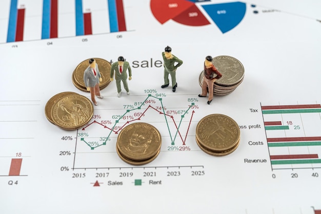 Pessoas de brinquedo em miniatura de trabalho em equipe conosco, dinheiro de moedas permanece no gráfico de negócios gráfico financeiro Planejamento de estratégia de gerenciamento