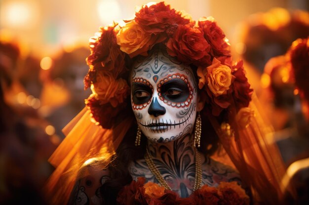 Pessoas de caveira colorida Conceito de festival do Dia dos Mortos gerado por Ai