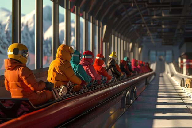 Foto pessoas de desenho animado em uma aula de bobsleigh