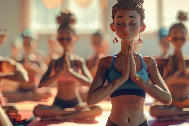 Foto pessoas de desenho animado em uma competição de ioga
