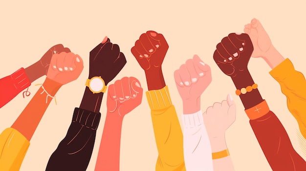 pessoas de diferentes raças apertadas em um punho levantam-se Dia para a Eliminação da Discriminação Racial