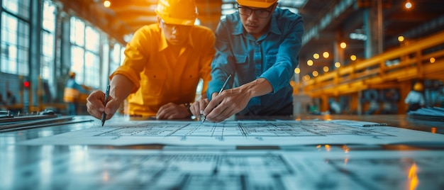 Foto pessoas de engenharia se reunindo em um escritório para discutir um desenho ferramentas de engenharia e conceito de construção no desenho