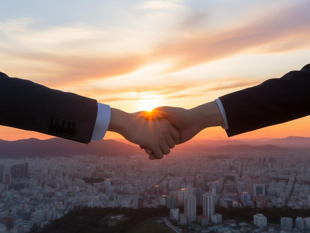 Pessoas de negócios a apertar as mãos ao pôr-do-sol.