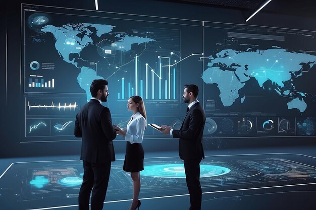 Foto pessoas de negócios a interagir com interfaces digitais, gráficos e inteligência artificial