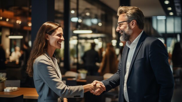 Foto pessoas de negócios amigáveis e sorridente apertando a mão depois de uma conversa agradável