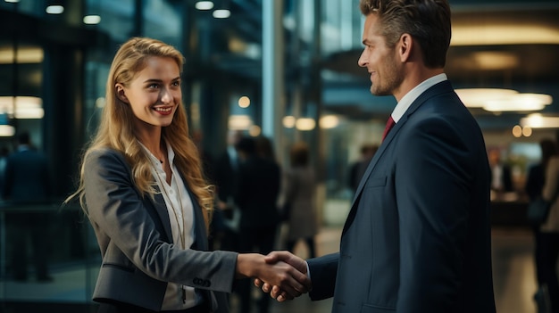 Pessoas de negócios amigáveis e sorridente apertando a mão depois de uma conversa agradável