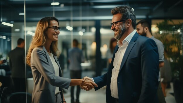 Foto pessoas de negócios amigáveis e sorridente apertando a mão depois de uma conversa agradável