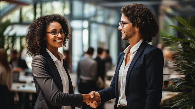 Foto pessoas de negócios amigáveis e sorridente apertando a mão depois de uma conversa agradável