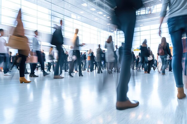 pessoas de negócios borrosas a caminhar numa conferência de feira ou a caminhar num salão moderno