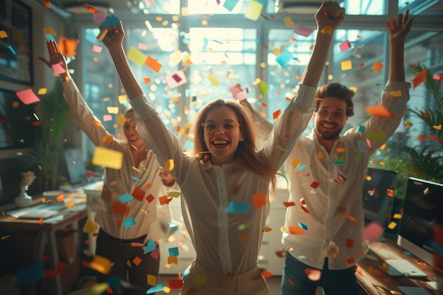 Pessoas de negócios celebrando o sucesso com confeti e fundo desfocado IA gerativa