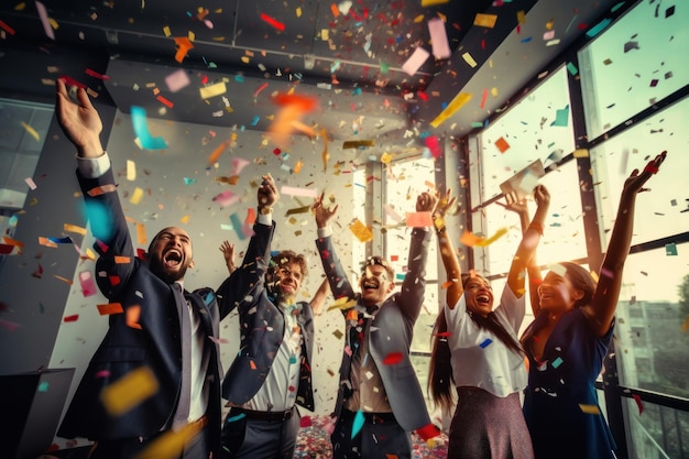 Pessoas de negócios com confetes no ar celebrando o sucesso no trabalho