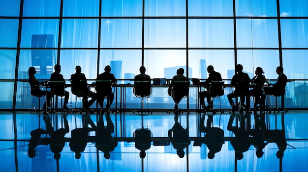 Pessoas de negócios confiantes tendo uma reunião em um escritório moderno com uma grande janela de vidro ao fundo