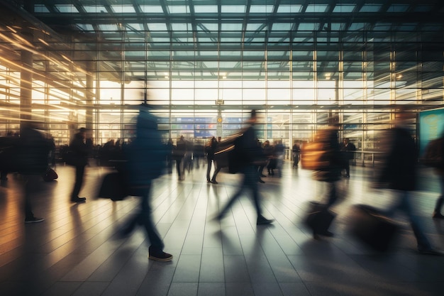 Pessoas de negócios correndo no saguão do aeroporto de longa exposição AI gerada