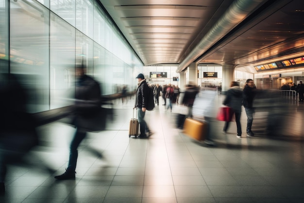 Pessoas de negócios correndo no saguão do aeroporto de longa exposição AI gerada