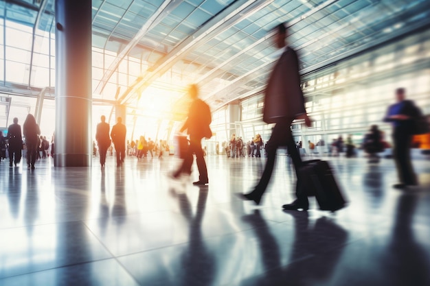 Pessoas de negócios correndo no saguão do aeroporto de longa exposição AI gerada