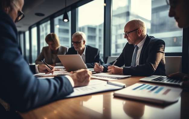 Pessoas de negócios discutindo relatórios financeiros durante a reunião