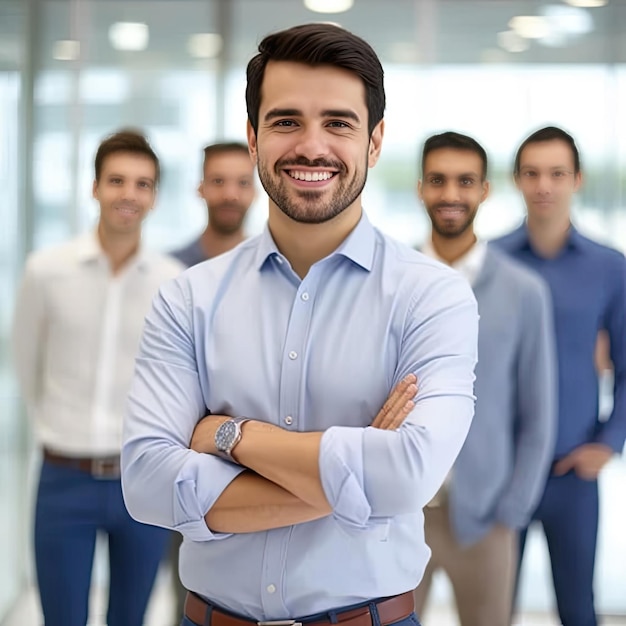 Pessoas de negócios e conceito de escritório sorrindo empresário com braços cruzados no escritório