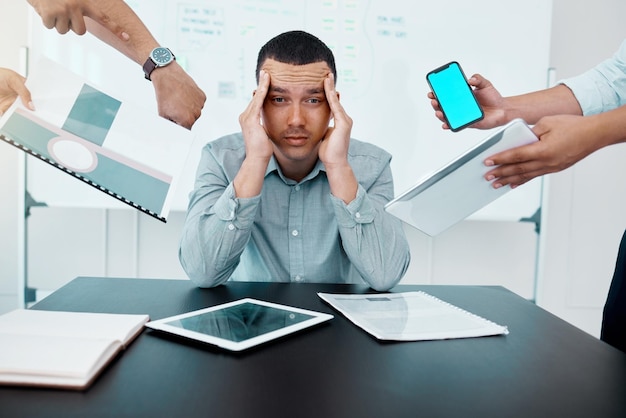 Pessoas de negócios e estresse com dor de cabeça retrato e crise de fluxo de trabalho com pressão de prazo e ansiedade mãos faciais e multitarefa com enxaqueca de empregado e saúde mental com cronograma