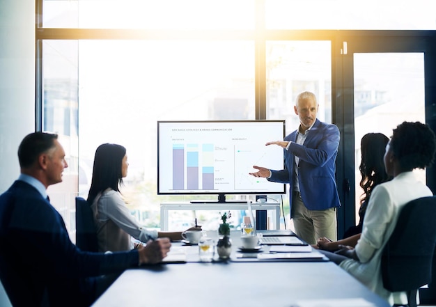 Pessoas de negócios e tela de televisão com estatísticas para apresentação sobre o crescimento da empresa como contador Pessoas de escritório e gráficos com relatório de feedback e informações para finanças em reuniões com clientes