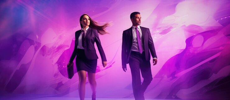 Pessoas de negócios em espaço de fundo abstrato roxo