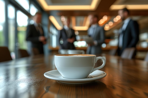 Pessoas de negócios em pé em torno de uma mesa com café