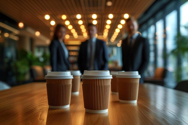 Pessoas de negócios em pé em torno de uma mesa com café