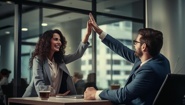 Foto pessoas de negócios em uma reunião com um homem dando high five a outra mulher