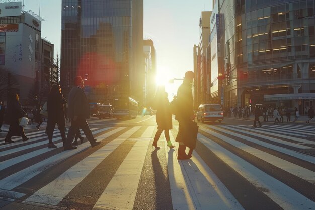 Foto pessoas de negócios em zebra cruzando a rua hora do pôr do sol