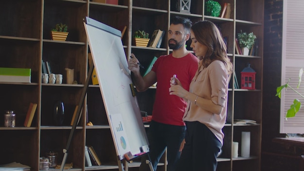 Pessoas de negócios escrevendo estratégia de negócios no quadro branco no escritório Equipe de negócios