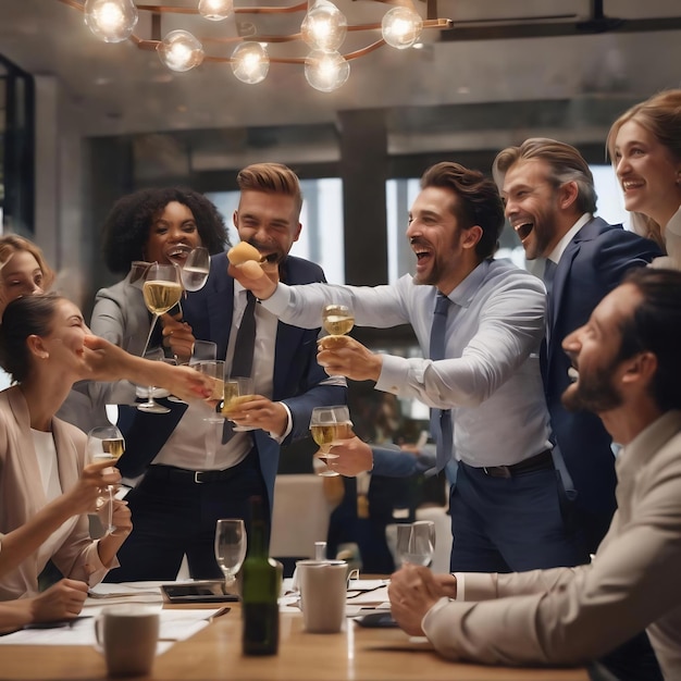 Pessoas de negócios felizes celebram à mesa em uma reunião em um escritório móvel