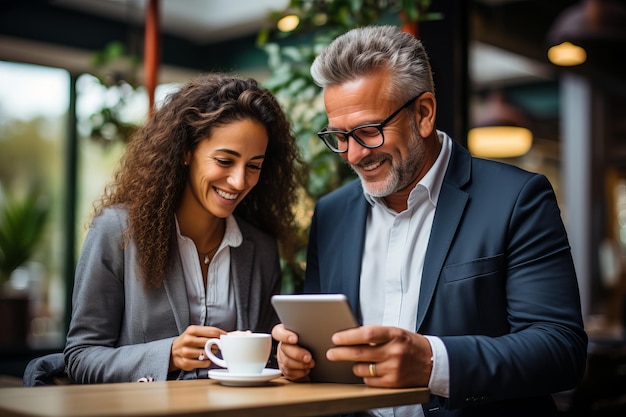 Pessoas de negócios homem e mulher tomando café falando e olhando para o tablet