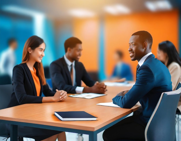 Pessoas de negócios reunidas à mesa Abstracto borrado espaço interior do escritório fundo azul e laranja c