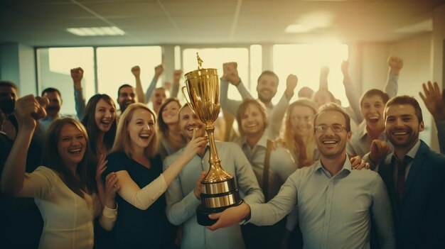 Foto pessoas de negócios segurando o troféu de ouro para celebrar juntos