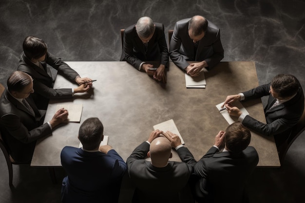 Pessoas de negócios sentadas em torno de uma mesa em uma sala de conferências vista de cima Closeup de uma reunião de negócios em uma seção de mesa recortada sem rostos visíveis e sem deformações da mão AI Gerado