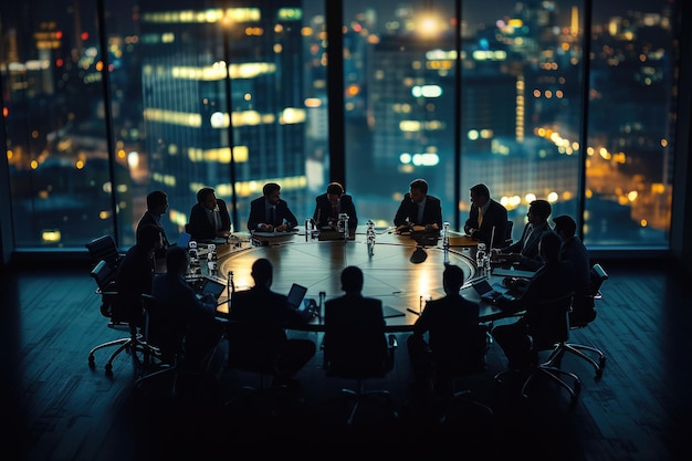 Pessoas de negócios sentadas em torno de uma mesa em uma sala de conferências
